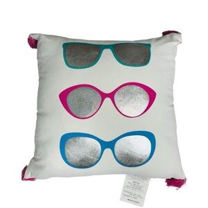 Sunglasses Decorative Throw Pillow White with Metallic Design and Tasselled